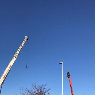 Two cranes against a blue sky, one suspending a figure; street lamp and tree at base.