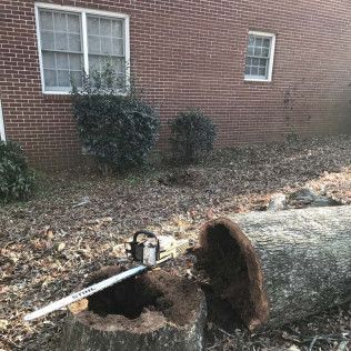 Chainsaw on a tree stump next to a fallen log. Red brick building in the background.