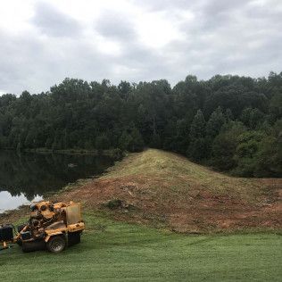 A small, yellow machine near a lake and a dirt hill; green grass and trees in the background under a cloudy sky.