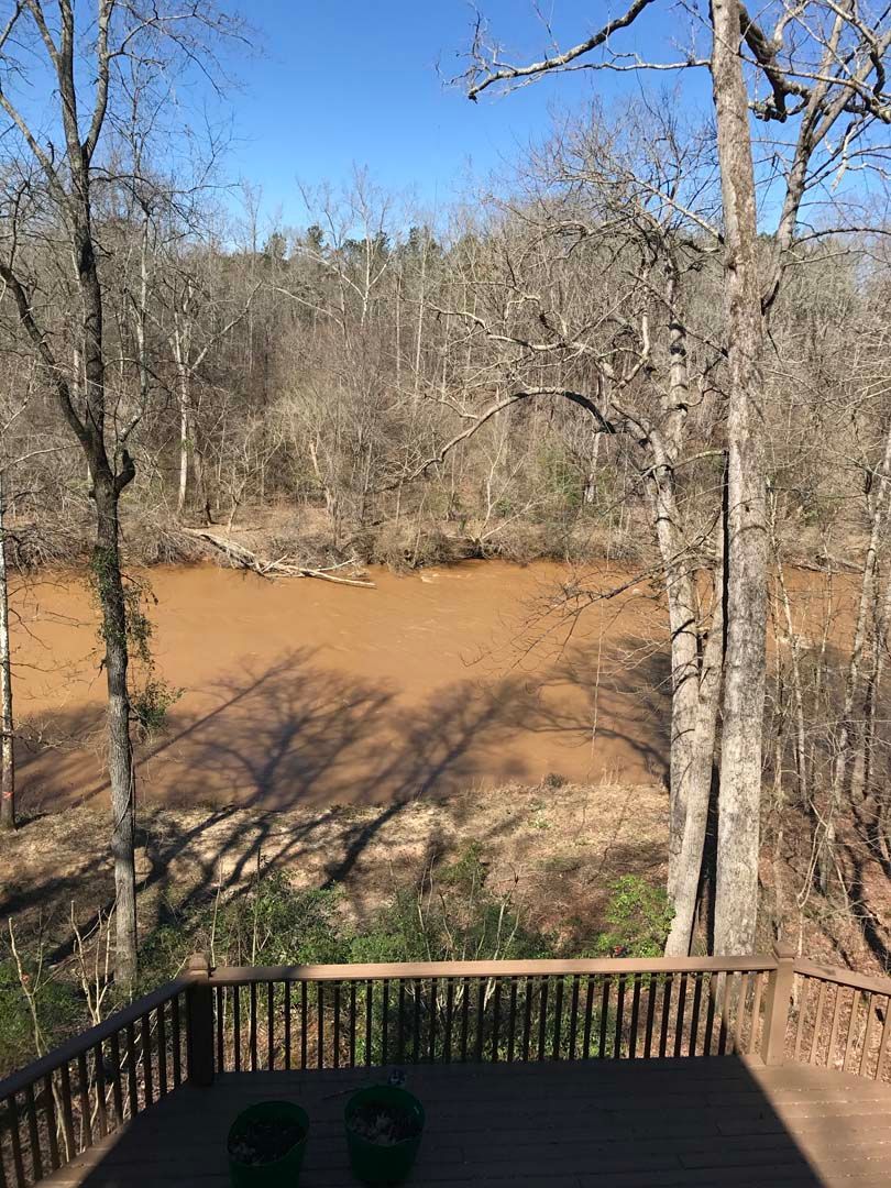 Wooden deck overlooking a muddy brown river surrounded by leafless trees under a blue sky.
