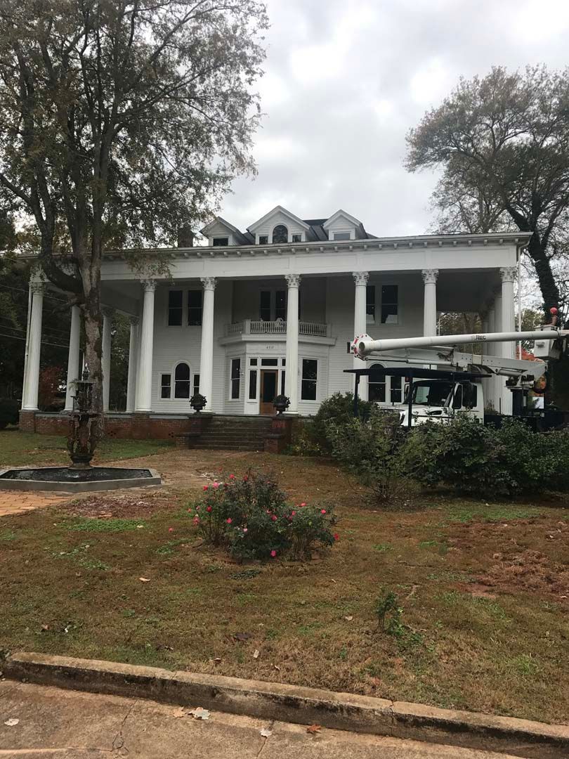 White two-story house with large columns. Gray sky, brown yard with some bushes and a tree.