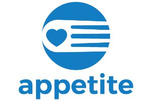 Blue circle logo with heart, stripes, and word