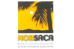 Logo of NORSACA: North Staffordshire African Caribbean Association. Yellow sunset with palm tree silhouette; black text.
