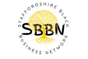 Logo for Staffordshire Black Business Network: Tree with SBBN letters, surrounded by text.