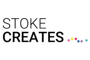 Stoke Creates logo with black text and a colorful dotted design.