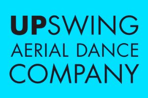 Logo for Upswing Aerial Dance Company on a cyan background.