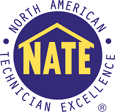 The logo for north american technician excellence is a blue circle with a yellow house on it.