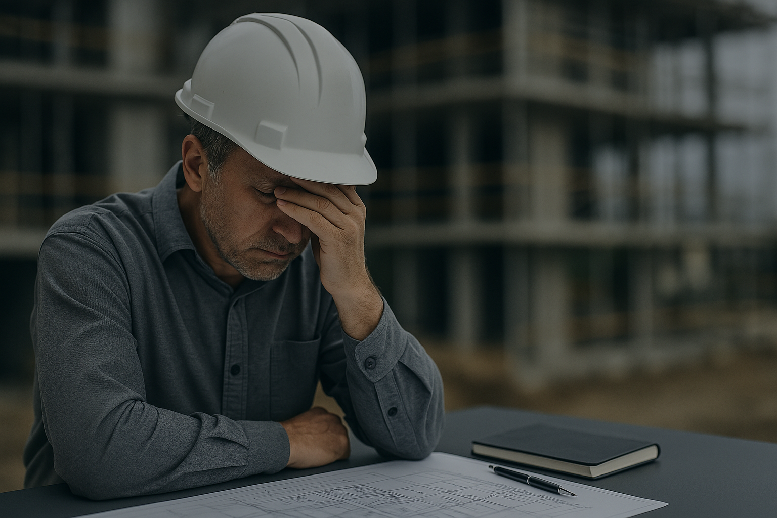 A man wearing a hard hat is sitting at a table with his head in his hands.