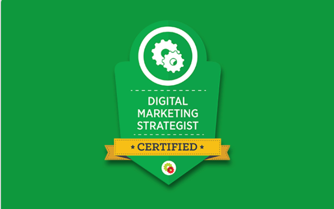 A green badge that says digital marketing strategist certified