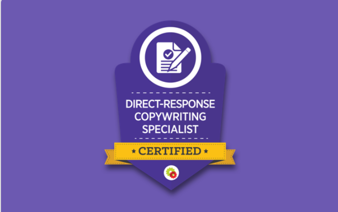 A purple badge that says direct response copywriting specialist certified