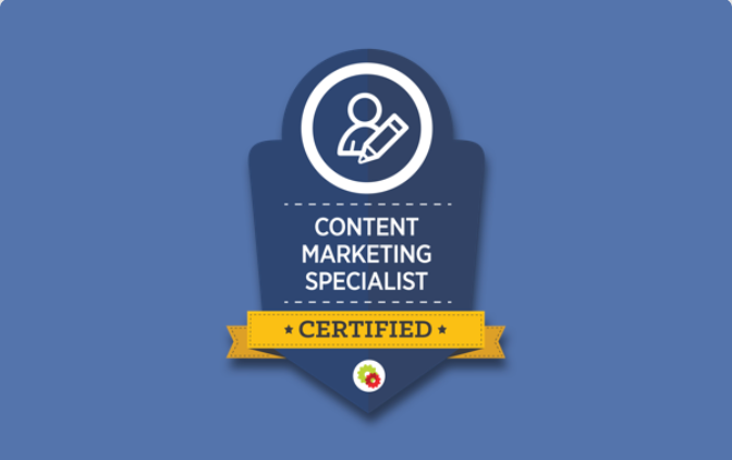 A badge that says content marketing specialist certified