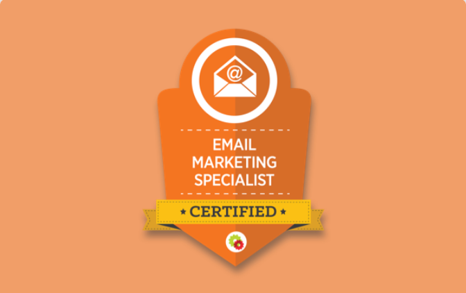 An orange badge that says email marketing specialist certified