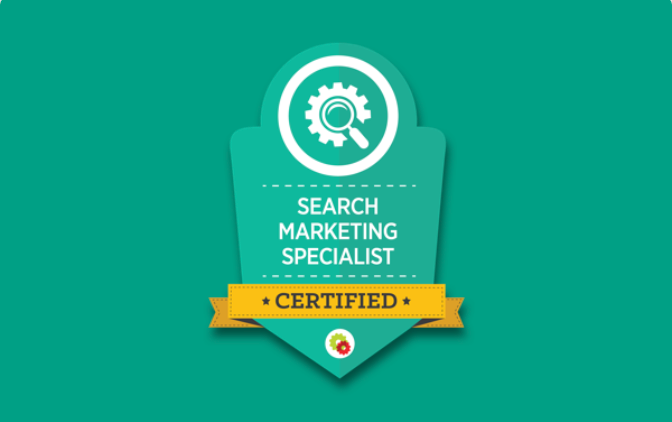 A badge that says search marketing specialist certified