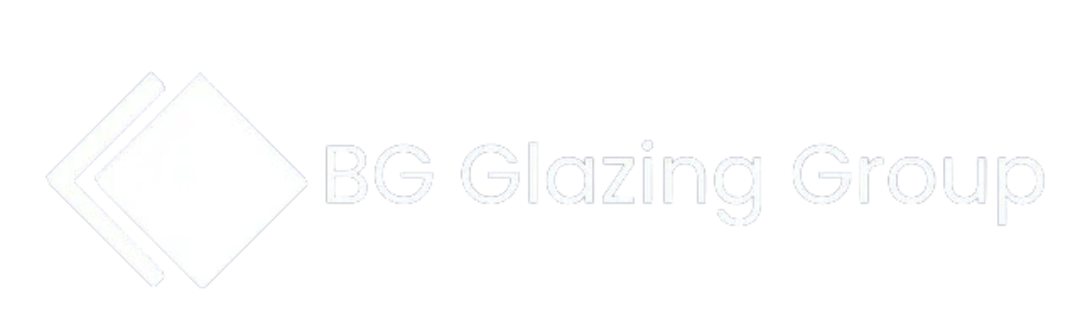 a white logo for a company called bg glazing group .