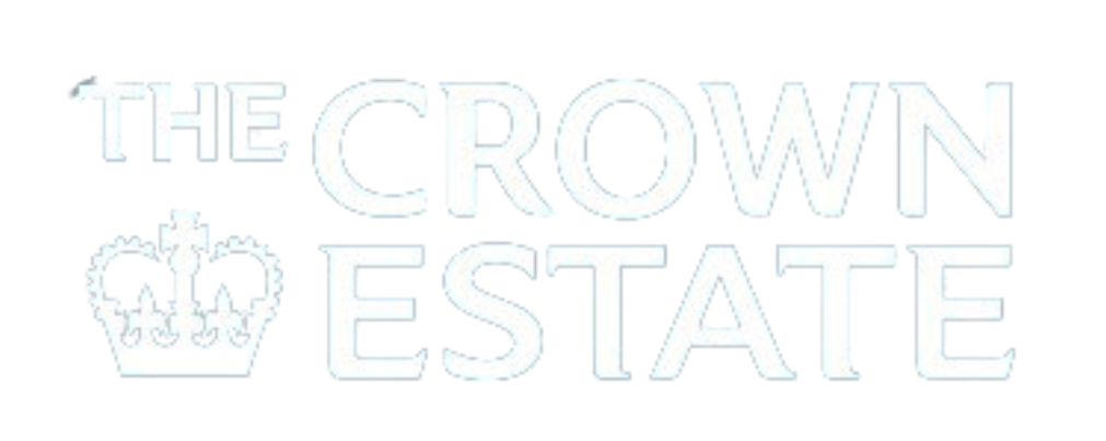 the crown estate logo is white and has a crown on it .