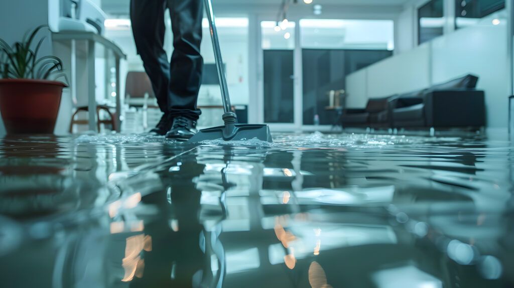 A person vacuums water from a flooded office.