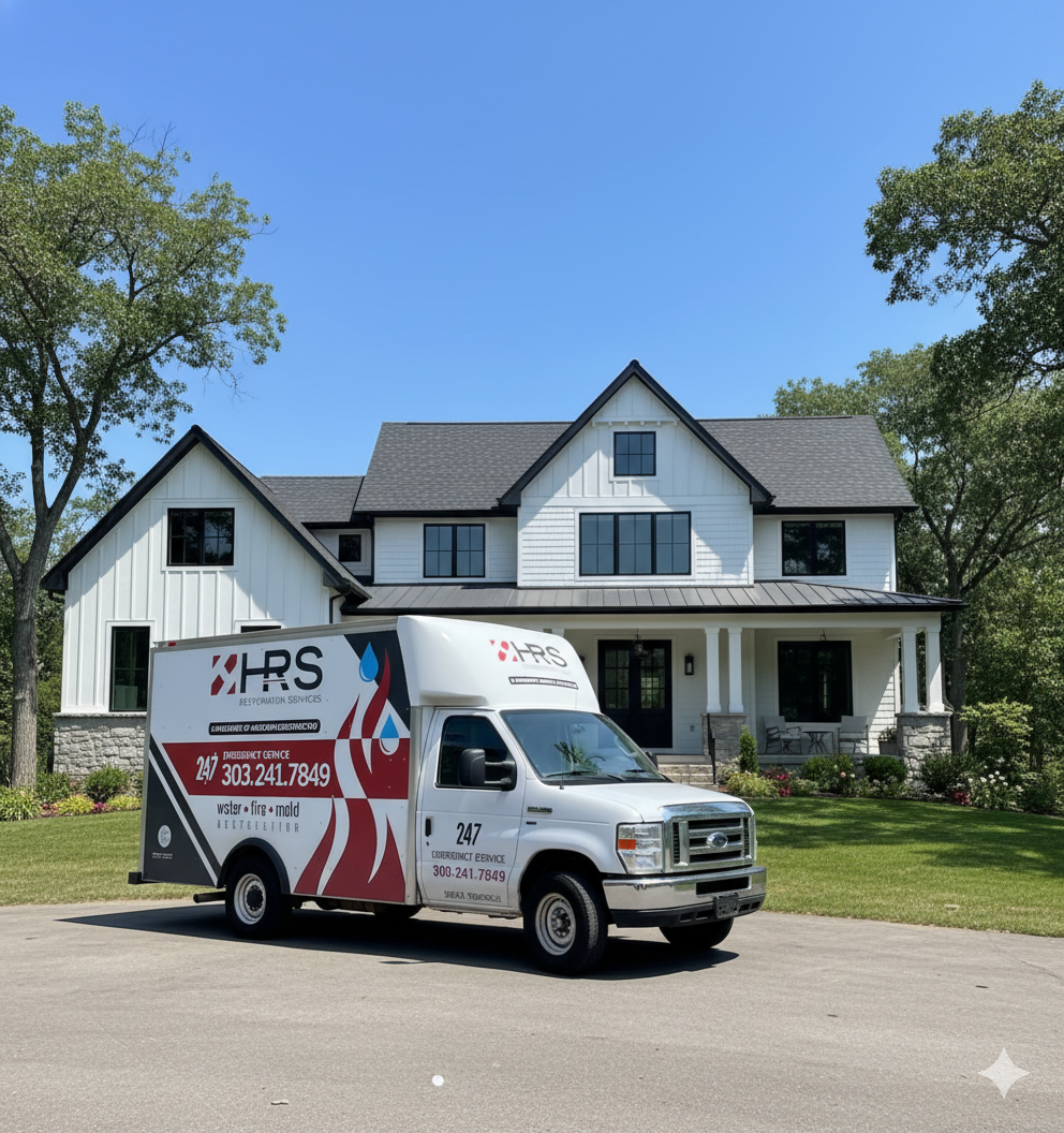 HRS Restoration Services van on-site at a Parker home for emergency water damage restoration service