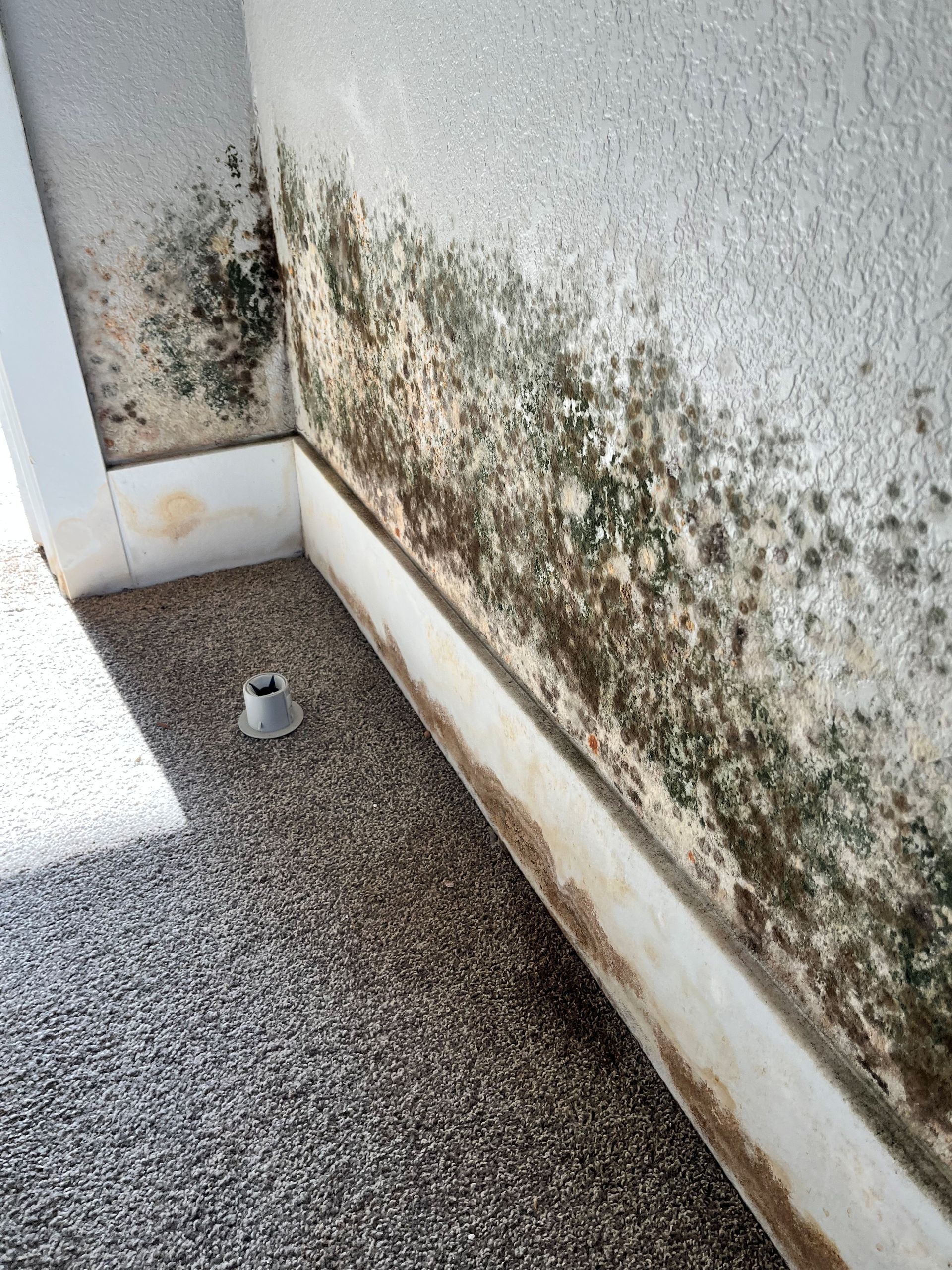 Interior view of a fire-damaged home; charred walls and debris, caution tape across doorways and stairs.