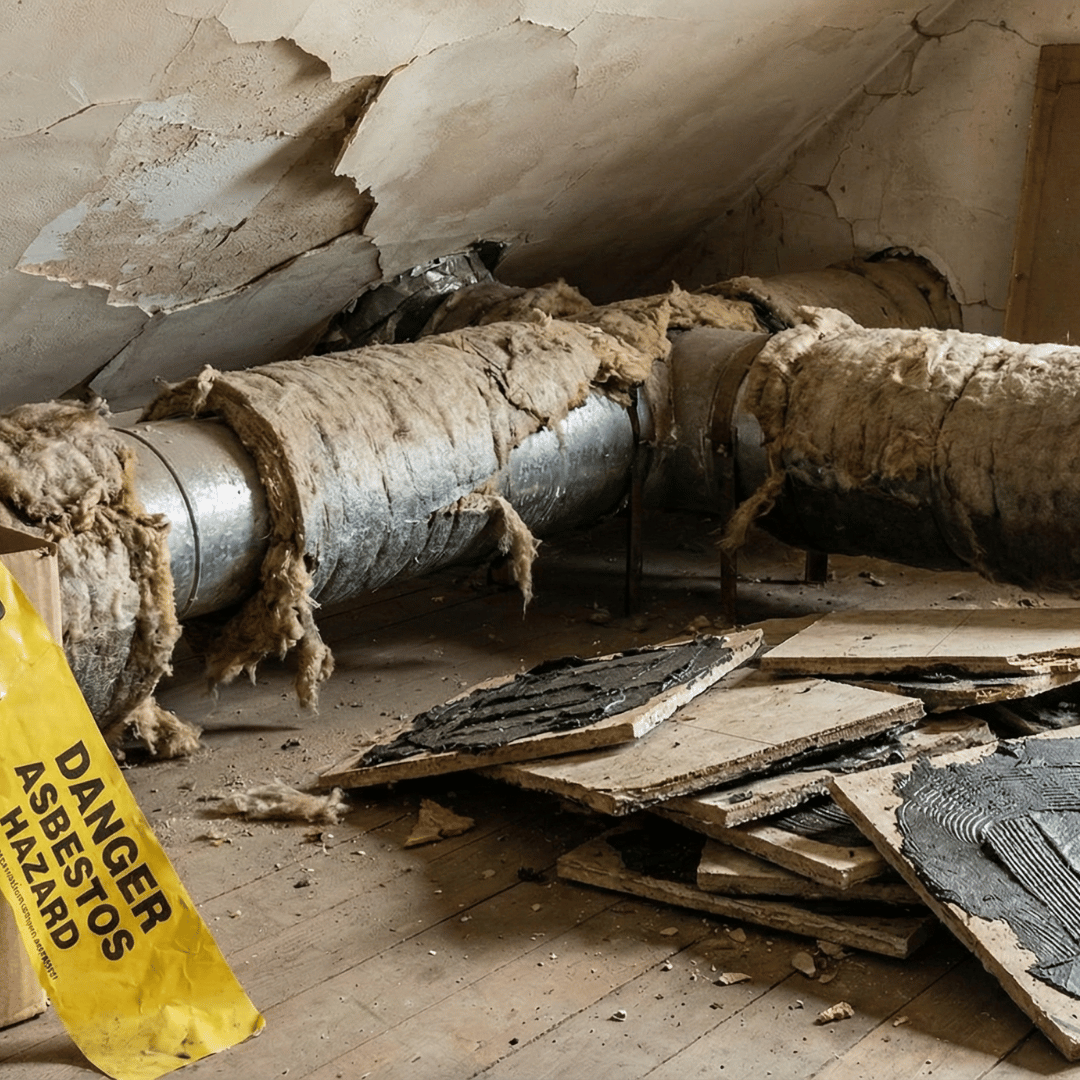 Suspected asbestos insulation and flooring materials prepared for controlled removal by certified asbestos abatement specialists in Colorado Springs.