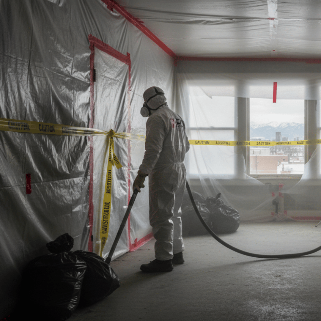 Inside a Denver property, an HRS technician in full protective gear conducts asbestos removal within a sealed containment zone. The room is lined with plastic, taped with caution tape, and features HEPA air scrubbers for safe cleanup.