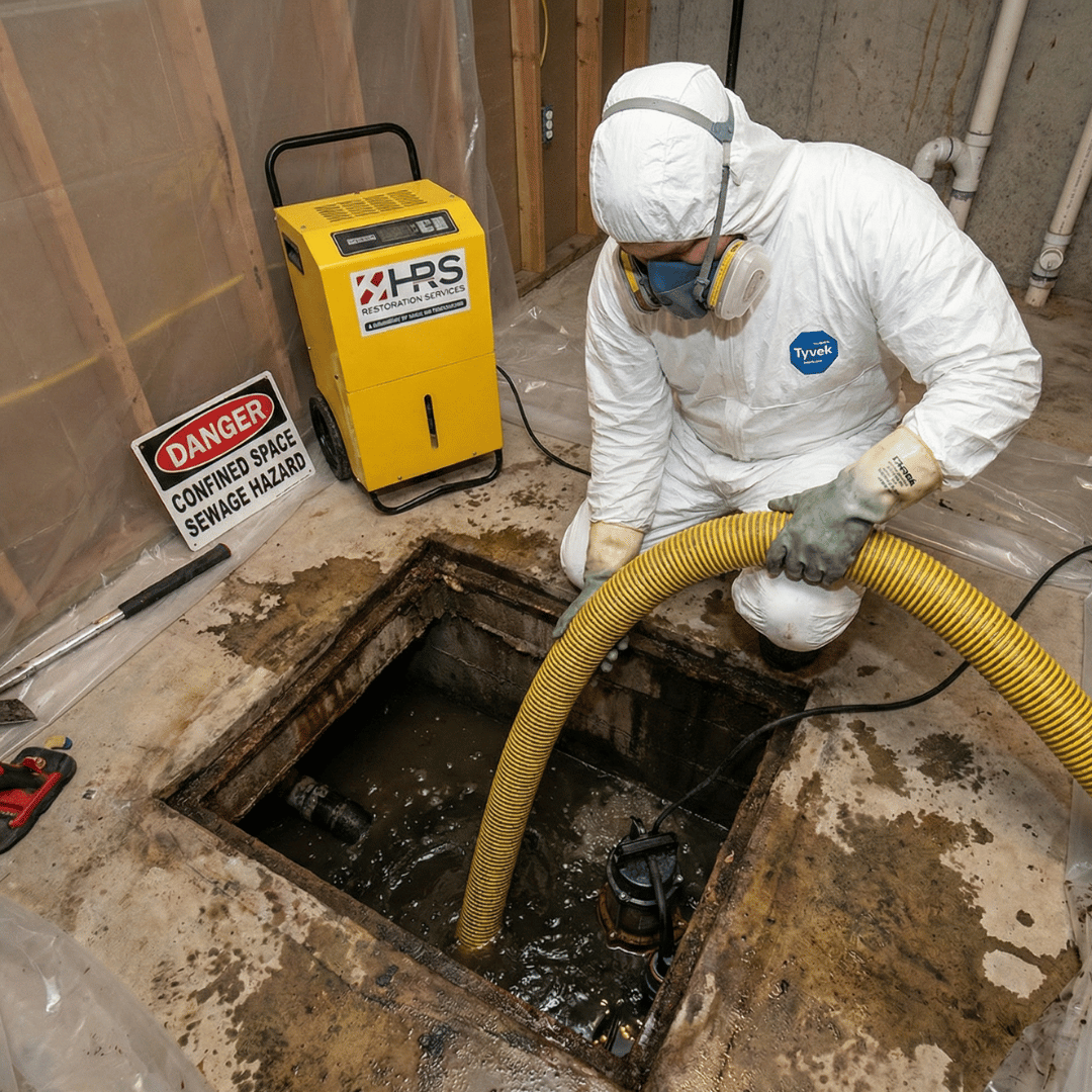 HRS Technicians performing emergency sewage cleanup in Colorado Springs using containment barriers, air movers, and dehumidification equipment.