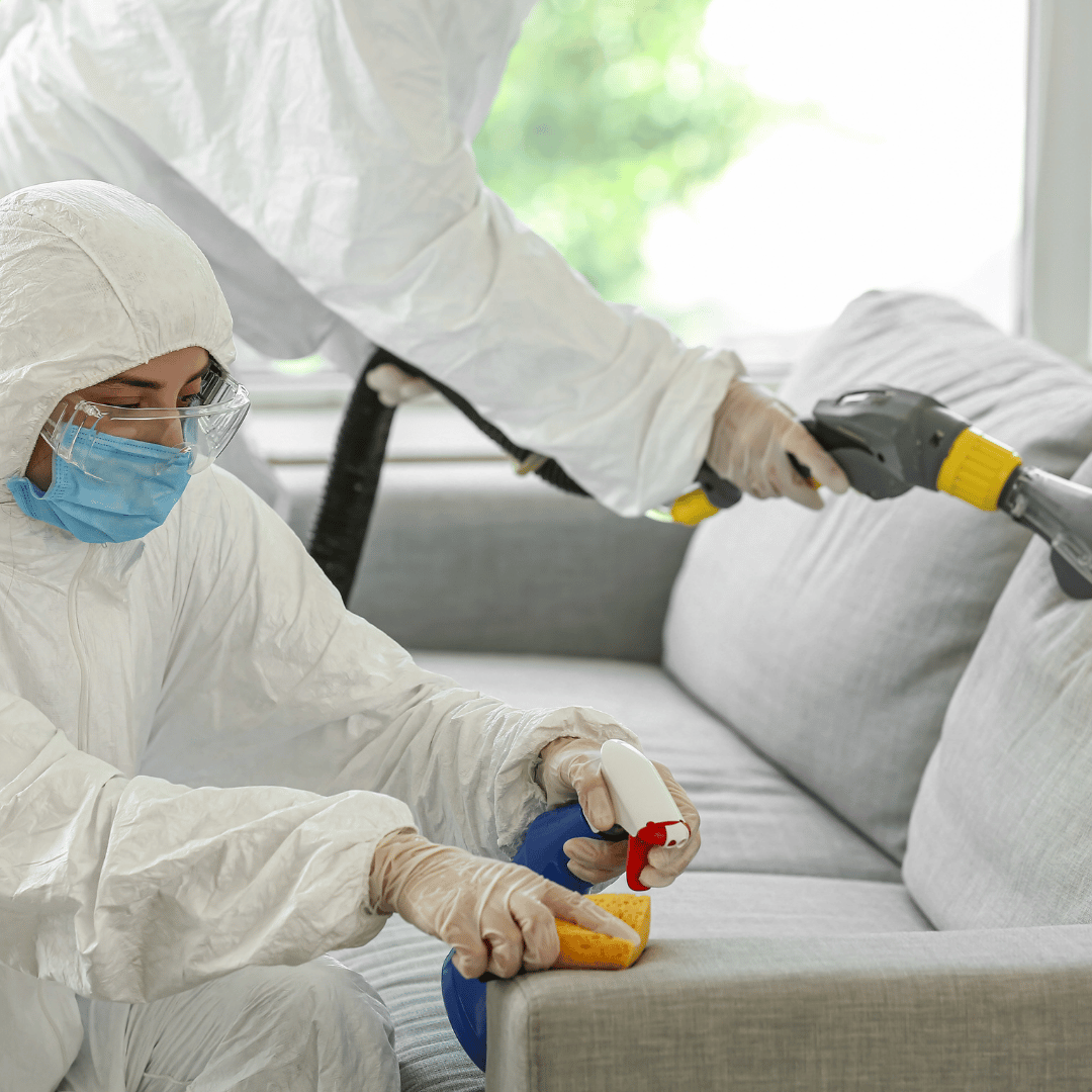 HRS Restoration Services sanitizing a sofa in a Denver living room as part of a professional biohazard cleanup.