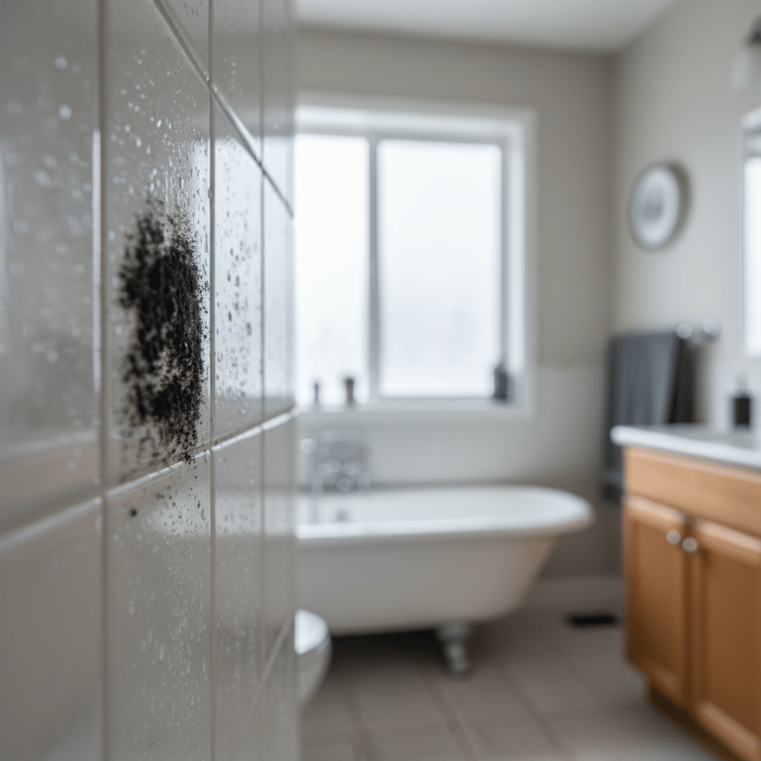 Black mold growing on bathroom tile in a Denver home – HRS Restoration Services provides expert mold inspection and removal to restore safe indoor air quality.