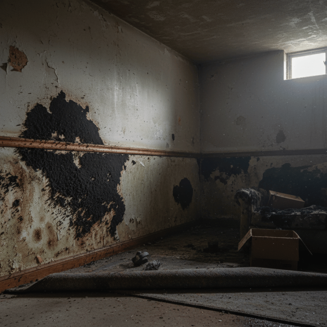 Severe black mold infestation on walls in a Denver home – HRS Restoration Services provides expert mold remediation to restore safety and air quality.