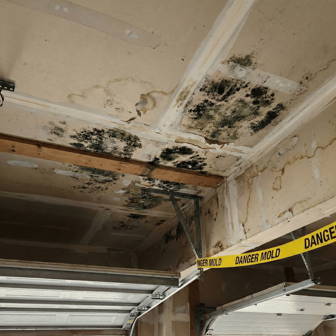 Extensive mold growth on ceiling drywall caused by prior water damage in a Colorado Springs property before HRS mold remediation.