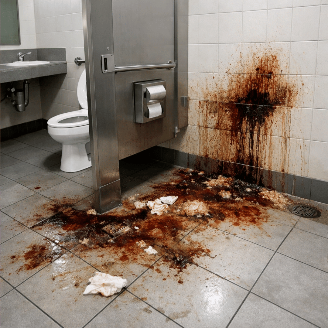 Interior room affected by biohazard contamination before professional cleanup in Colorado Springs.