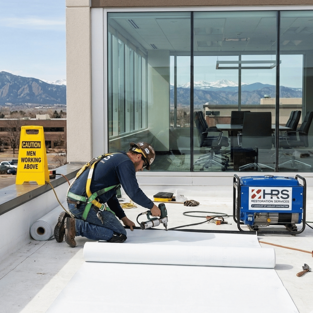 HRS technicians performing commercial roof repair and installation services in Lakewood, Colorado.
