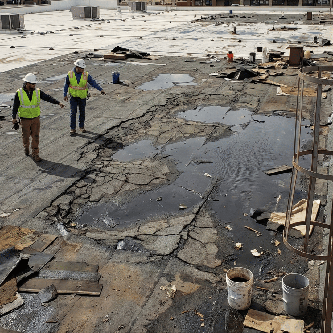 HRSCommercial roofing professionals inspecting roof damage and ponding water on a commercial building in Colorado Springs, CO