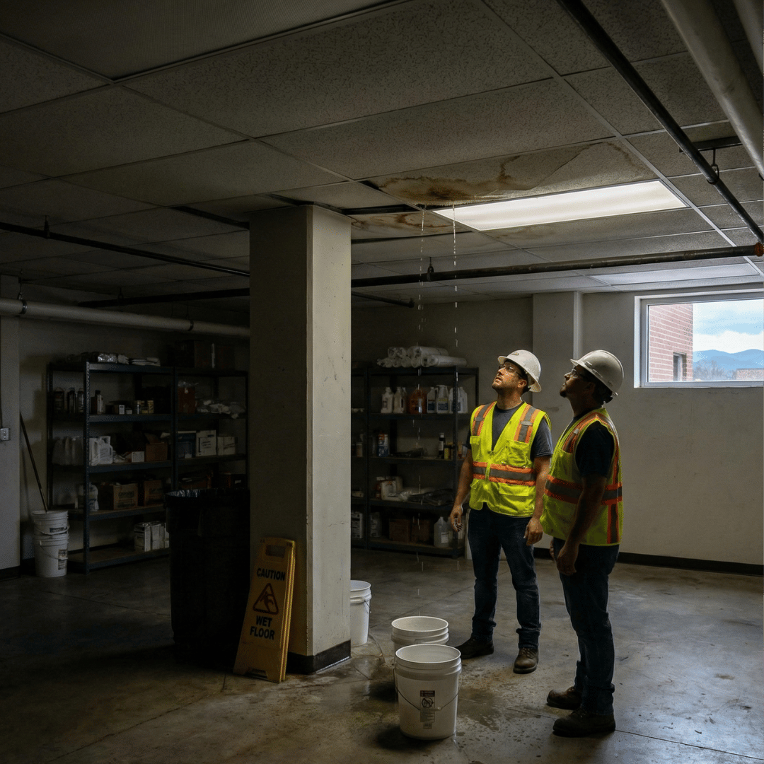 Commercial roofing team assessing interior water damage caused by a roof leak in a Colorado Springs commercial property