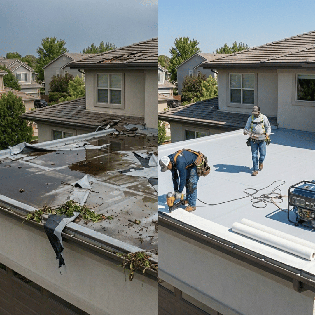 Commercial flat roof repair before and after restoration at a Lakewood, CO property by HRS Restoration Services.