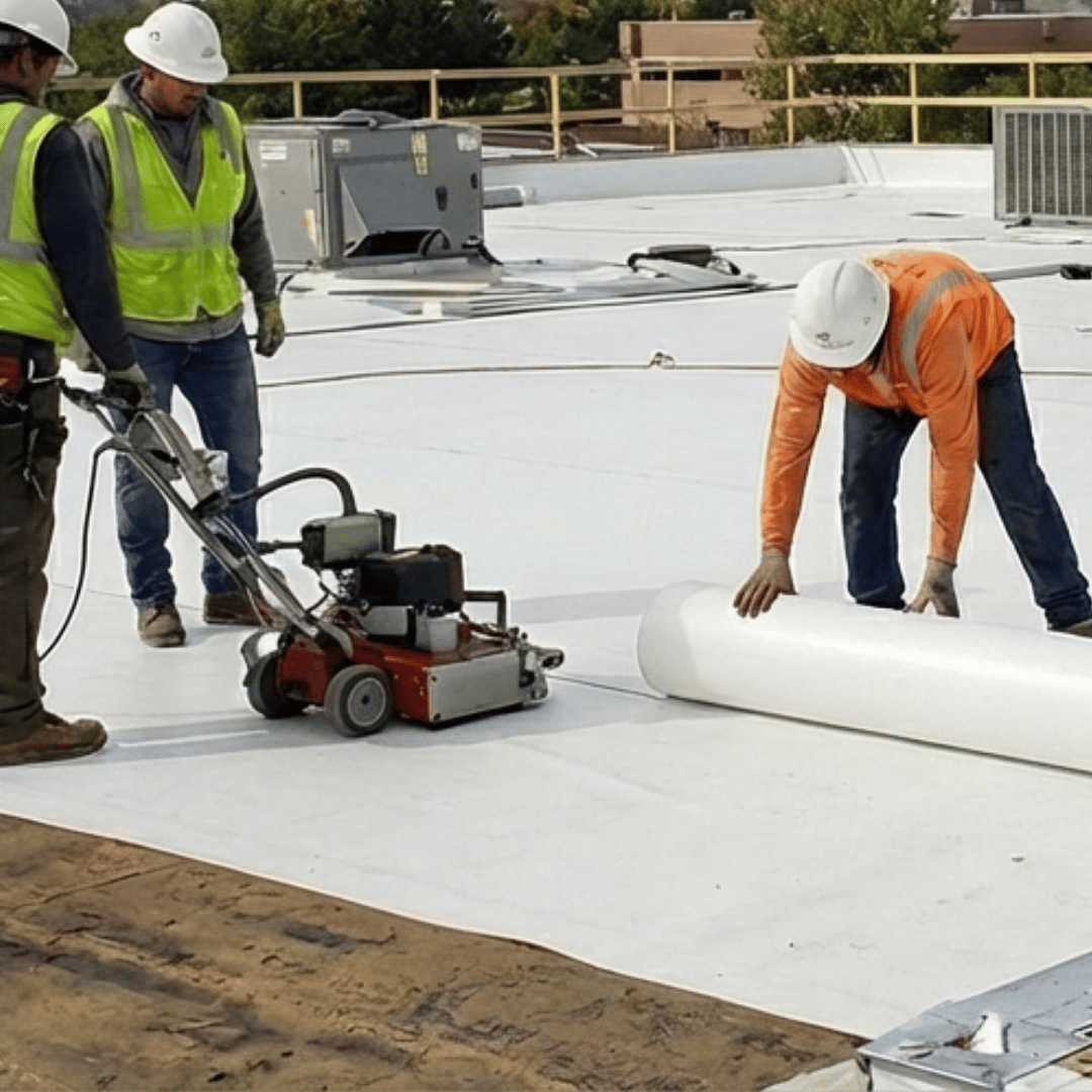HRS Commercial roofing specialists installing a TPO membrane system on a flat roof in Colorado Springs, CO