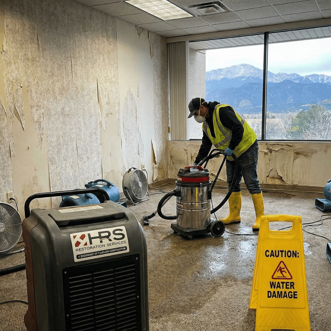 HRS Commercial water damage mitigation in Colorado Springs with industrial drying equipment and moisture removal in progress