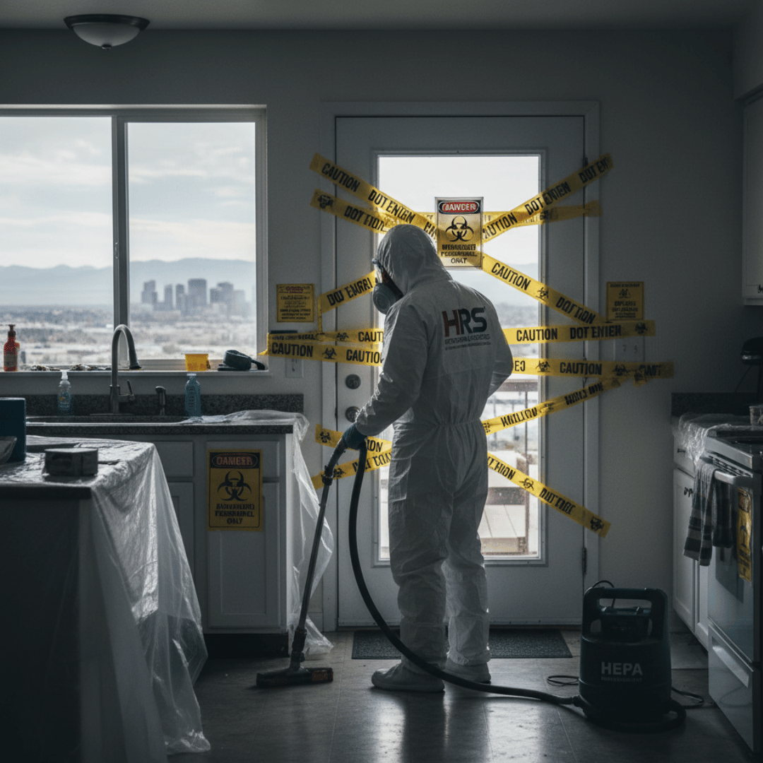 HRS Restoration Services technician decontaminating a kitchen in Denver after a biohazard incident.