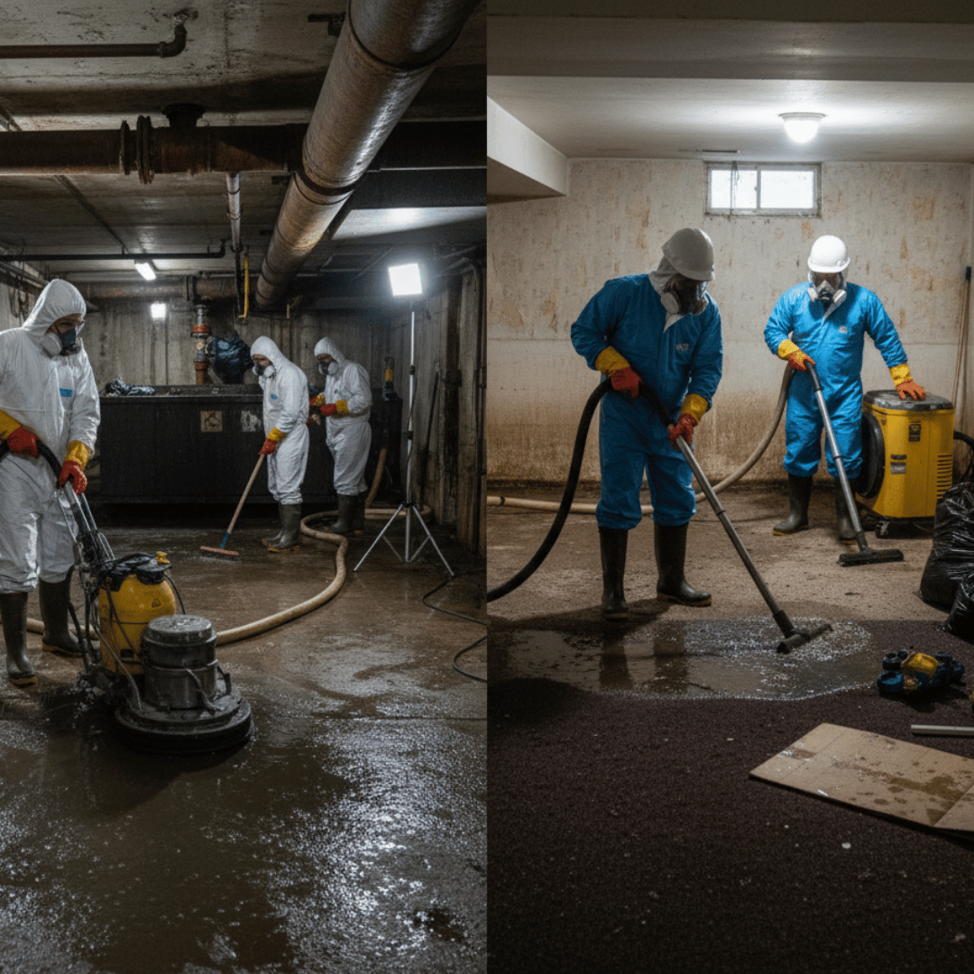 HRS Restoration team in action — certified technicians handling sewage cleanup in Denver homes with specialized equipment.