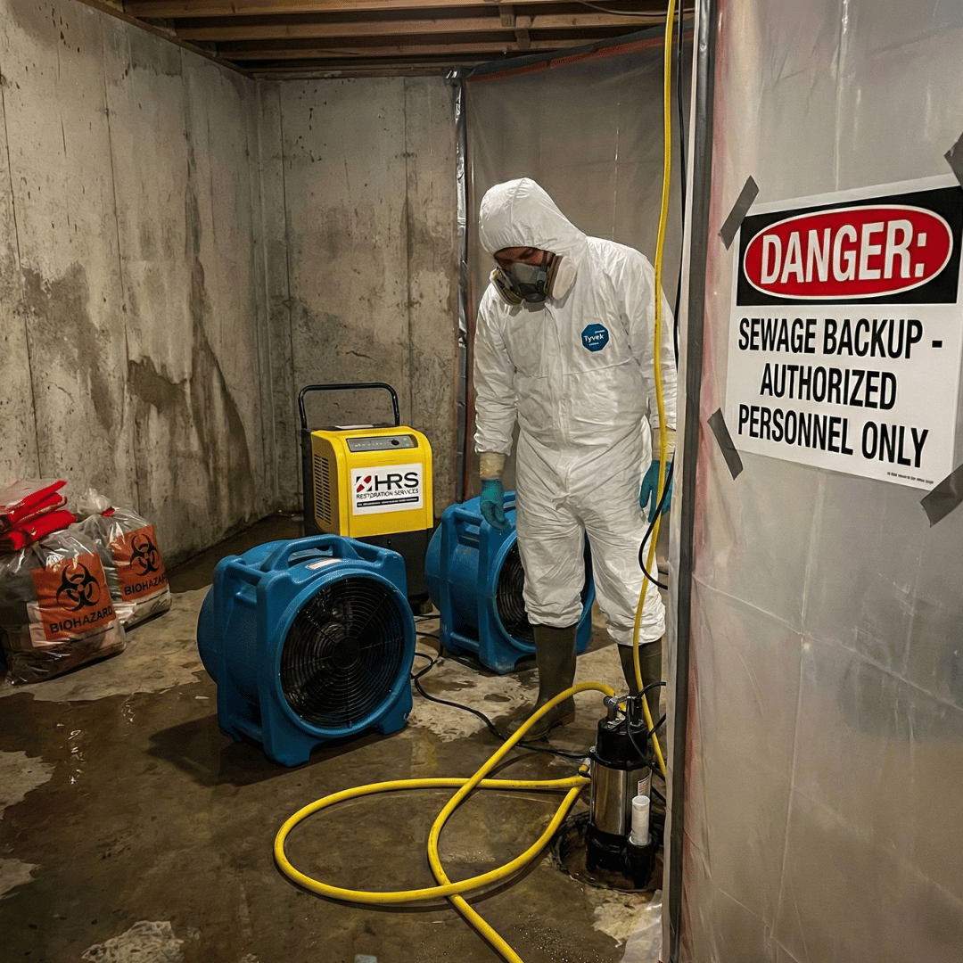 HRS Technicians performing emergency sewage cleanup in Colorado Springs using containment barriers, air movers, and dehumidification equipment.