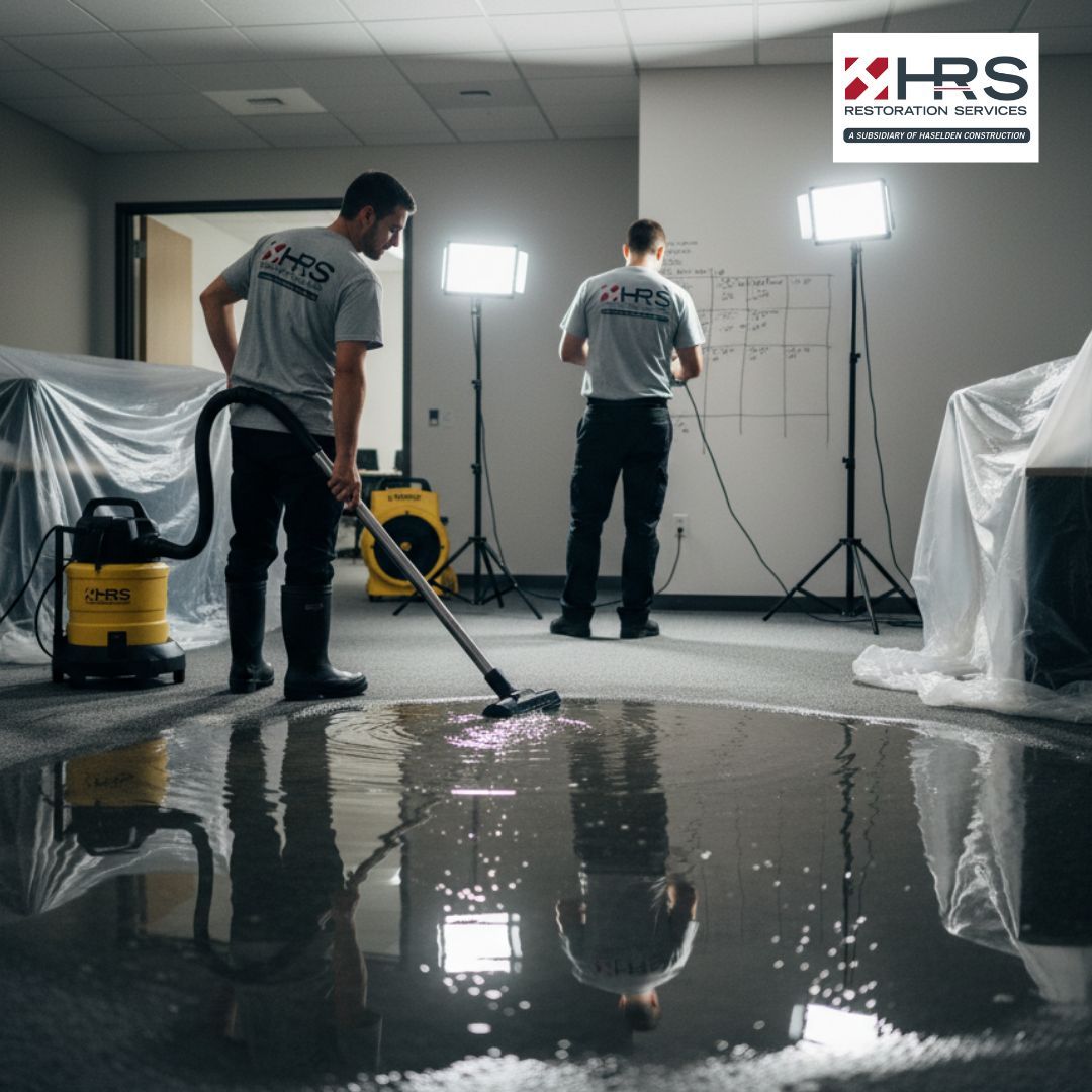 Emergency water removal in a commercial hallway during water damage restoration in Meridian, CO