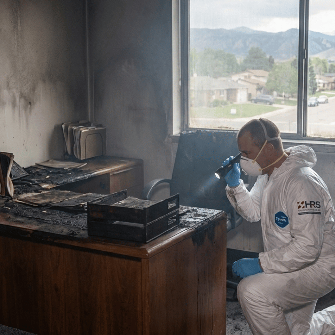 HRS certified technician inspecting fire and smoke damage in a Lakewood, CO property as part of the restoration assessment process.