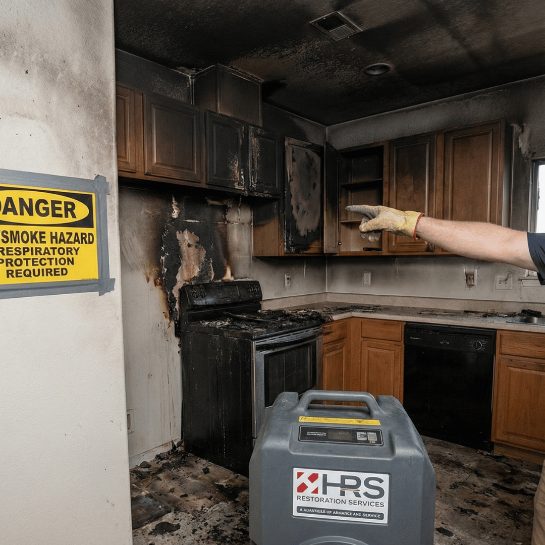 Fire damage assessment in a Colorado Springs kitchen with smoke staining, soot residue, and professional restoration equipment in place.