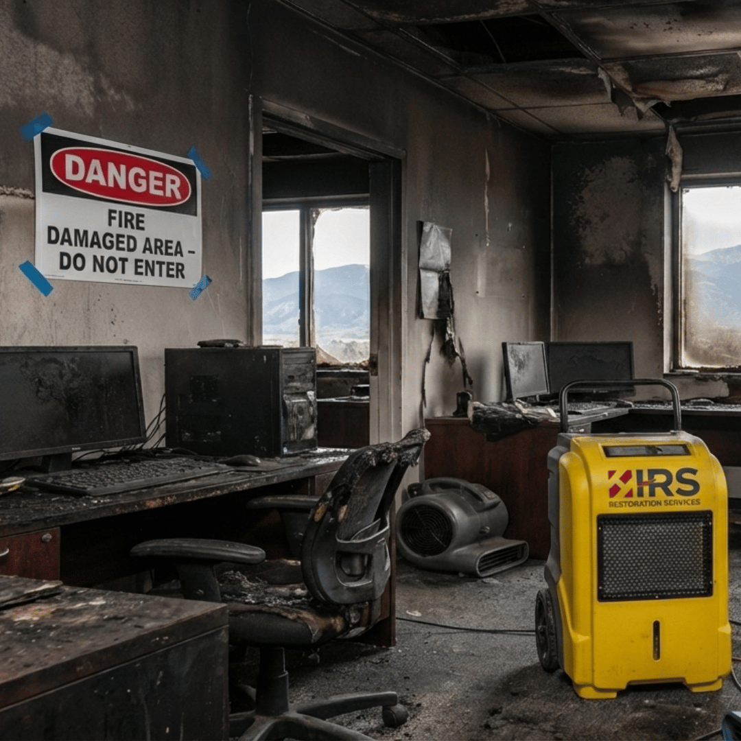 HRS Fire and smoke damage restoration in a commercial office in Colorado Springs, showing soot cleanup equipment and controlled drying after a fire loss.