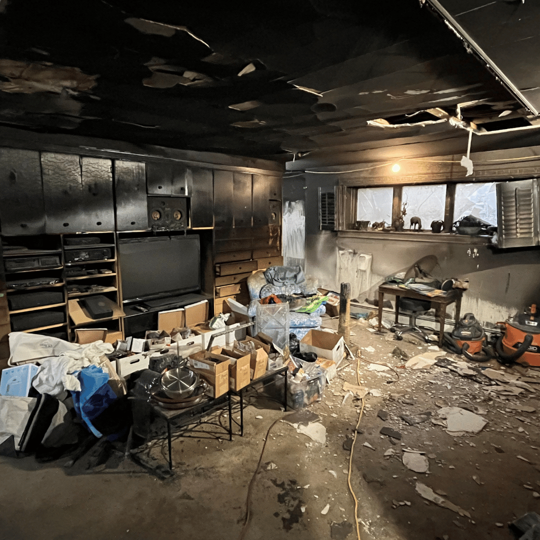 Fire and smoke damage inside a Lakewood, CO home following a residential fire, prior to professional restoration by HRS.