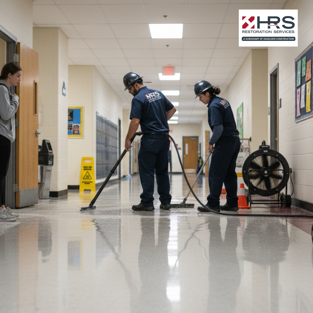 HRS crew handling water damage cleanup in a school hallway