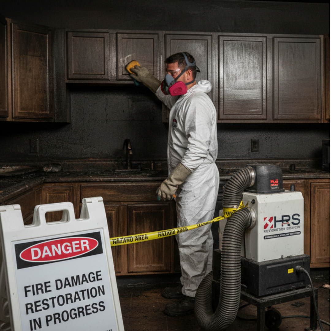 HRS technician performing fire and smoke damage cleaning in a Lone Tree, CO kitchen during restoration