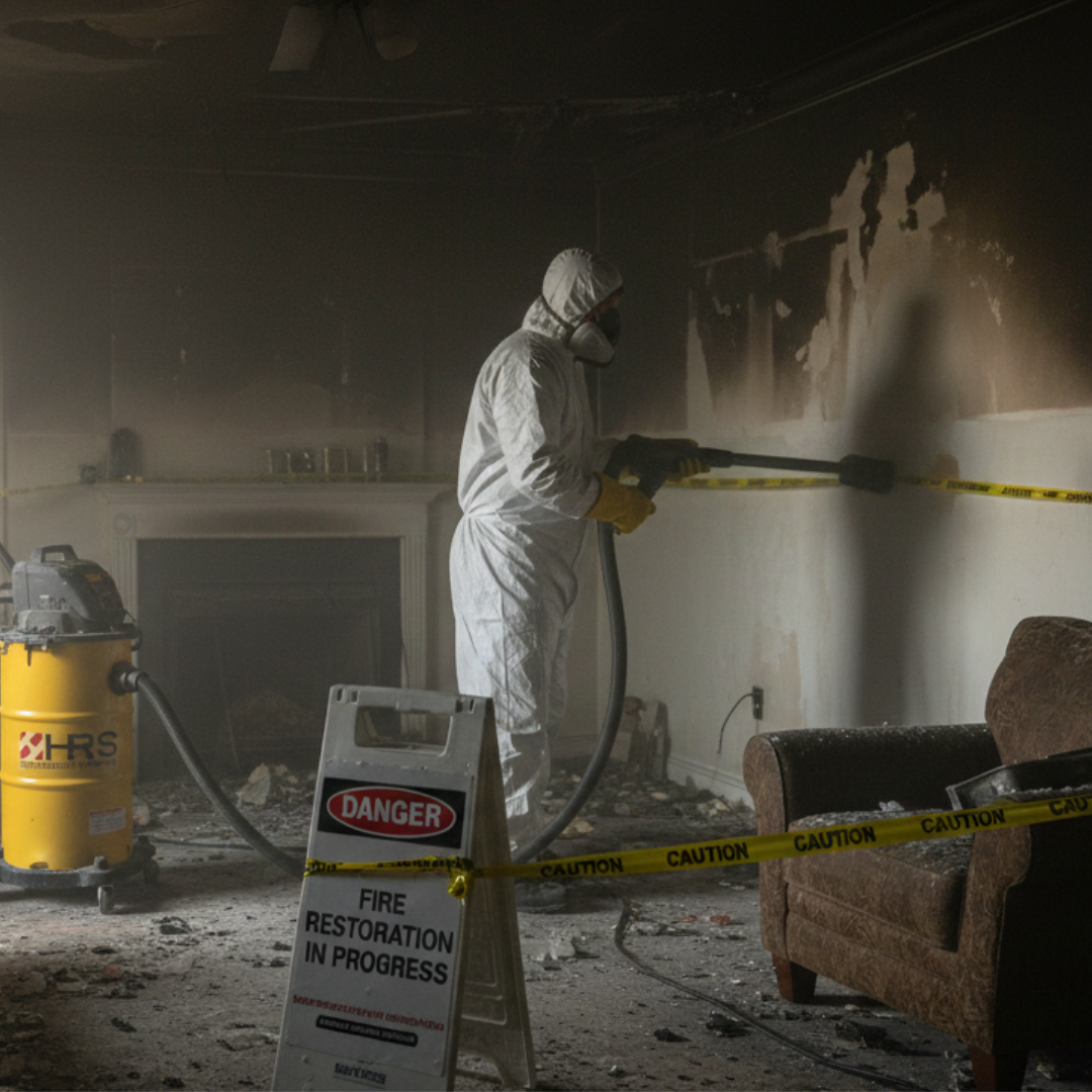 HRS technician completing fire damage restoration and smoke cleanup in a Highlands Ranch, CO home