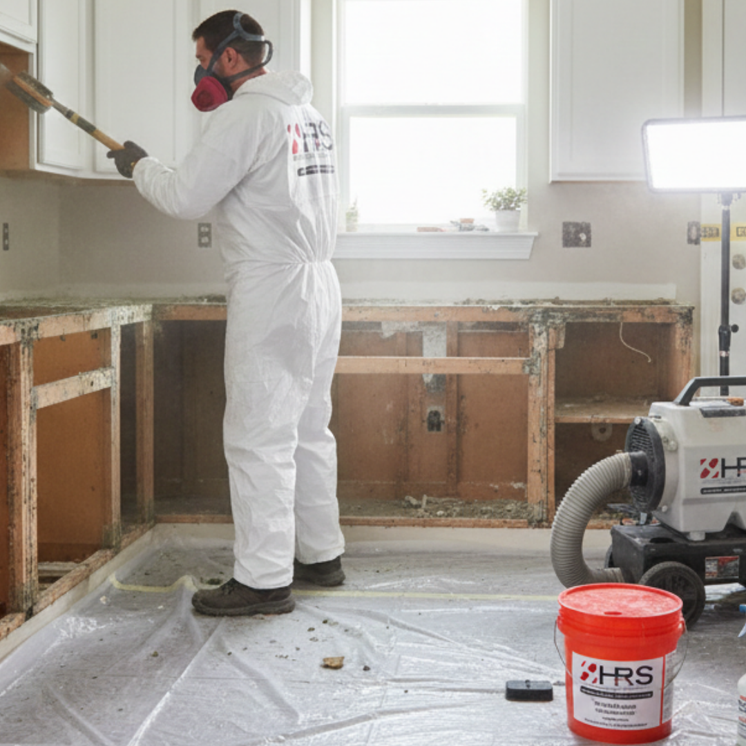 HRS technician performing mold remediation and kitchen containment work in Highlands Ranch, CO