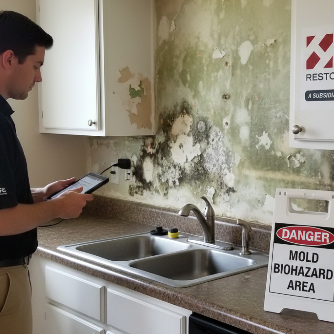 HRS technician documenting mold and biohazard contamination in a Meridian, CO kitchen for restoration planning