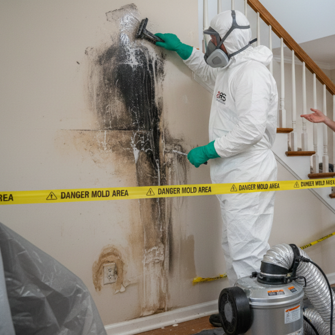 HRS Technician conducting mold remediation with containment barriers while cleaning a damaged interior wall in Foxfield, CO.